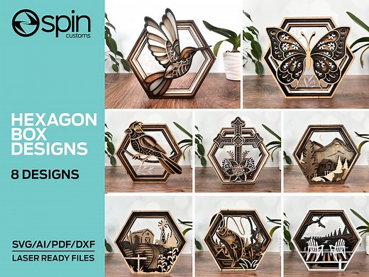 Hexagon Shadow Box Design - Laser Ready File - 8 Designs - Glowforge and All Lasers - Etsy