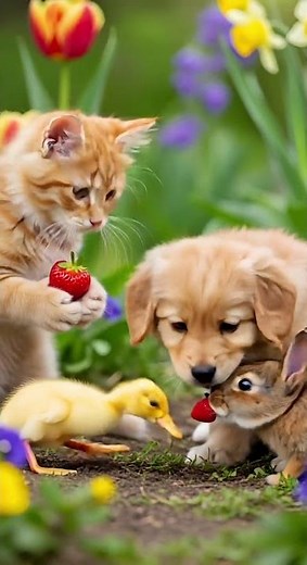 Kitten, puppy & bunny — spring feast with strawberries in bloom?