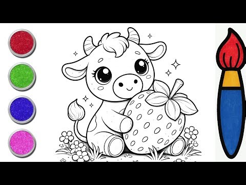 Adorable Baby Cow with Strawberry Picture Drawing, Painting, Coloring for Kids, Toddlers