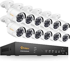 Anlapus H.265+ 16 Channel 4-in-1 1080p DVR Security Camera System, 12pcs 2MP HD Outdoor Indoor CCTV Bullet Cameras with 80ft Night Vision(No HDD)