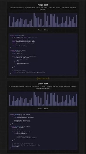 Adam Tech on Instagram‎: "Merge sort VS Quick sort ✅ #programming #codelife #coding #softwareengineer #dsa #algorithm #sorting #softwaretestingcompany #data #datascience #dataanalytics #dataprotection #datavisualization #development #dev #frontend #backend #تعلم_البرمجة #تعلم_ذاتي #مهارات_رقمية #محتوى_تقني #مطورين #البرمجة"‎
