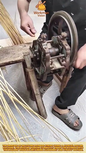 Skilled Worker Splitting Bamboo Strips Using Manual Roller Machine for Uniform Craft Material