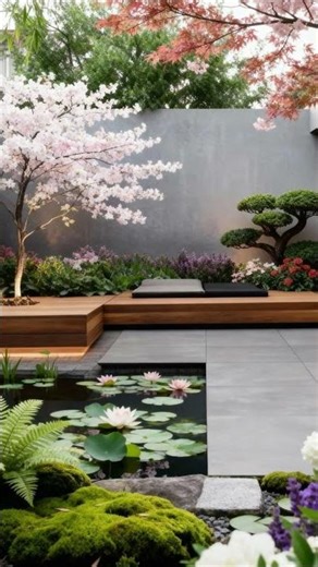 Zen Modern Retreat: Serene Japanese-inspired Garden with Cherry Blossoms!