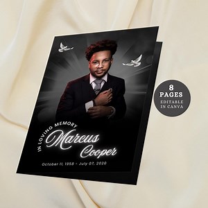 Elegant Funeral Program Canva Template Black Clouds Memorial Service Editable Celebration of Life Funeral for Man, Custom Funeral Brochure - Etsy