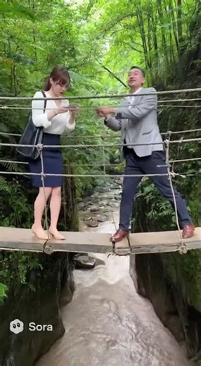 Business negotiations on a jungle suspension bridge: female office worker and corporate executive