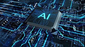 Visualización de conceptos de VFX: Procesador de CPU de placa de circuito Microchip Inicio Inteligencia Artificial Digitalización de redes neuronales y datos de computación en nube.Líneas azules digitales Conectarse a un símbolo de IA
