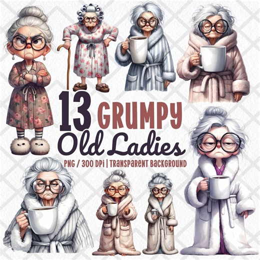 Grumpy Old Ladies Clipart PNG, Watercolor Funny Sassy Senior Woman, Quirky Vintage Grandma, Hilarious Elderly Lady Digital Sticker - Etsy Australia