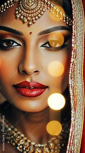 Beautiful portrait of a Indian bride. Pakistani Indian bride dressed in red traditional wedding clothes sari embroidered with gold jewelry. Lahore, Pakistan Tradition woman portrait 4k video