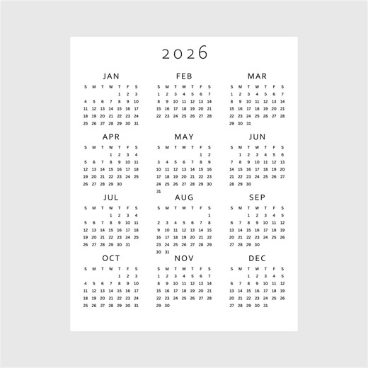 2026 Year at a Glance Calendar Printable | Full Year One Page | A4, A3, US Letter, Tabloid | PDF Download | Minimalist Monday & Sunday Start - Etsy
