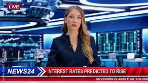 Split Screen Four TV News Anchors Talking TV Live News Montage. Presenters, Specilists Discuss Business, Politics, Daily Events. Television Programme on Cable Channel Playback. Luma Matte Long Version