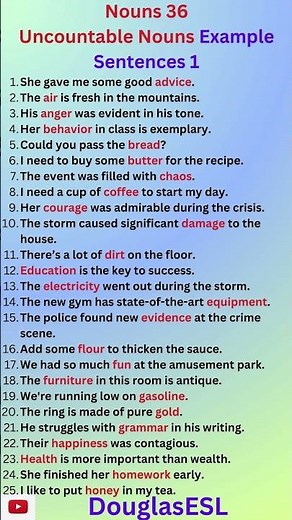 Nouns 36 Uncountable Nouns Example Sentences 1 #languagelearning #englishtutorial #englishgrammar