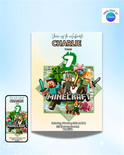 Minecraft Birthday Invitation Template, Gamer Party Card, Editable Canva, Pixel Block Game Theme, Printable Kids Invite, Instant Download - Etsy UK