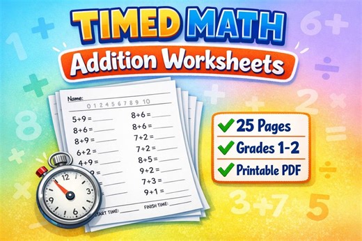 Timed Addition Worksheets | 25 Pages, Grades 1-2 (Printable PDF)