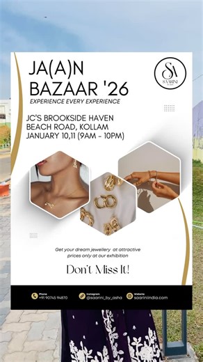 SAARINI BY ASHA 💫🤍 on Instagram: "JA(A)N BAZAAR ‘26 ✨ 📅 JANUARY 10,11 📍 KOLLAM BEACH ROAD JC’S BROOKSIDE HAVEN Explore the sparkle ✨ 🌐 saariniindia.com 🔗 Link in bio Jewelry in Kollam | Bridal Jewelry Kollam | Temple Jewelry South Indian Jewelry | Wedding Jewelry Kerala Designer Bridal Accessories | Antique Gold Look Jewelry Ethnic Indian Jewelry | Bridal Chokers | Temple Necklace Sets Affordable Bridal Jewelry | Imitation Jewelry Kollam #SaariniIndia #KollamJewelry #BridalJewelryKerala #T