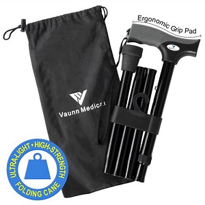 FSA/HSA Eligible, Vaunn Medical Easy Grip™ Height Adjustable Folding Cane/Walking Stick with Strap/Pouch- Compact, Portable, and Safe Walking Assistant- Non-Slip Grip Handle