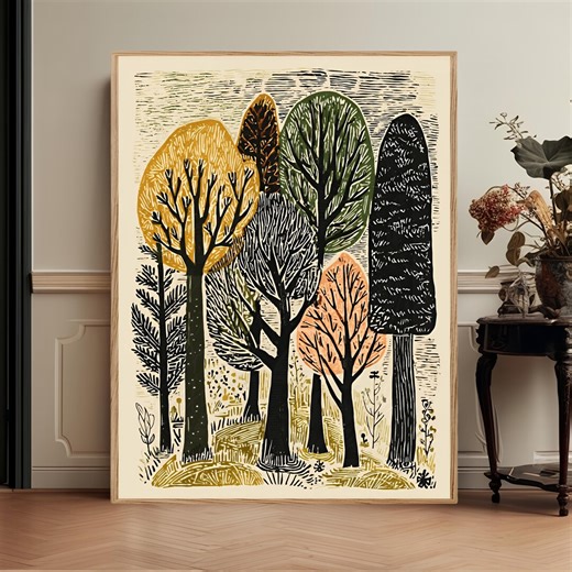 Modern Folk Forest Wall Art Print, Nature Inspired Landscape Canvas Decor - Etsy