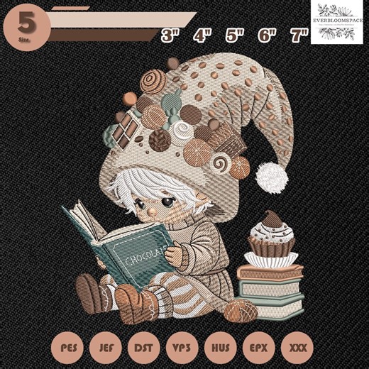 Whimsical Elf Reading Chocolate Book Embroidery Design, Sweet Treats Hat Character Embroidery File, Cupcake and Books Machine File Format - Etsy