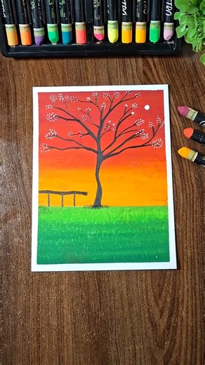Satisfying Sunset Sky & white Cherry Blossom Tree Drawing with Oil Pastels 🌅🌸 #shorts