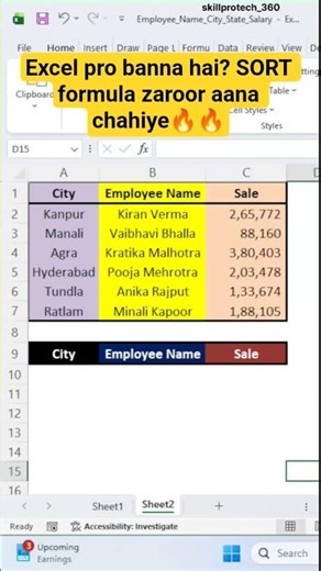 Excel SORT Formula👆👆#excel #exceltutoringformula #exceltips