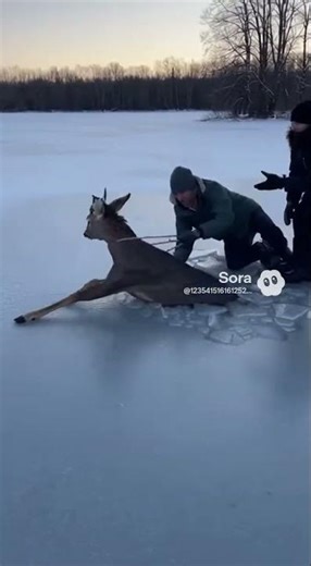 People saving deer from drowning in ice water