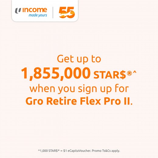 Retire freely on your own terms with Gro Retire Flex Pro II – an insurance savings plan with the flexibility that lets you enjoy a steady stream of income when you retire. Plus, get up to 1,855,000 STAR$®^ when you purchase from now till 30 September 2025!​ ^ 1,000 STAR$® = $1 eCapitaVoucher. To qualify for the STAR$®, purchase Gro Retire Flex Pro II plan with the prescribed minimum monthly premium and premium payment term. Promo Ts&Cs apply. | Income
