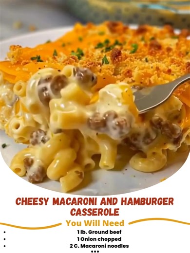 Cheesy Macaroni and Hamburger Casserole 😋 Enjoy ❤️👇 Ingredients : 1 lb. Ground beef 1 Onion chopped 2 C. Macaroni noodles 8 oz. Velveeta cheese 1 Can Cheddar cheese soup ½ tsp. Onion powder .... Recipe in First Coʍmеոτ 👇 | Recipes by Rose
