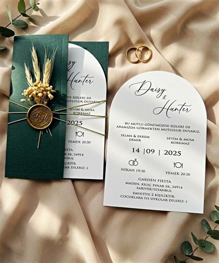 Arched Wedding Invitation With Green Envelope, Wax Seal, Dried Flowers - Etsy