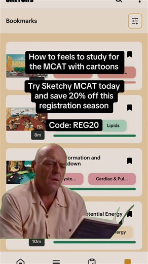 Everyone jokes about studying with cartoons for the MCAT… Until you’re recalling lipid transport, amino acids, and metabolism pathways from memory. Sketchy MCAT includes: Bite sized video lessons Visual memory hooks for high yield topics Built in quizzes A premade Sketchy x Anki deck Organized playlists by subject Registration season deal. Use code REG20 for 20% off Sketchy MCAT. #sketchysale #Meme #MemeCut