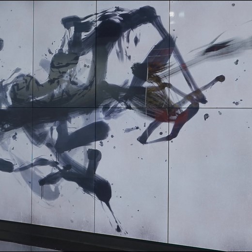 On view at “teamLab Borderless: MORI Building DIGITAL ART MUSEUM” Azabudai Hills, Tokyo Permanent https://www.teamlab.art/e/tokyo/ ・ “Continuous Trajectories: One Stroke” The Spatial Calligraphy of the display artwork Reversible Rotation: Emptiness Black transcends the boundaries of the display and with one brush stroke crosses the boundaries of other artworks, and then goes on to continue to influence other artworks. The Spatial Calligraphy in this artwork space rotates in the same direction, b