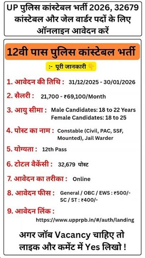 UP Police Constable Recruitment 2026 🚨 | 32679 Vacancy | 12th Pass | Apply Online