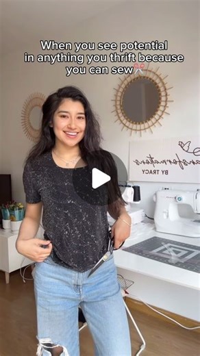 Tracy Garcia on Instagram: "Love how the final top turned out✂️ #thriftflip #sparklytop #glitter #upcycledvintage #sustainable #reworkedclothing #sewinghacks #sewingaddict #fashiondesign #recycledfashion #cutout #lunch"