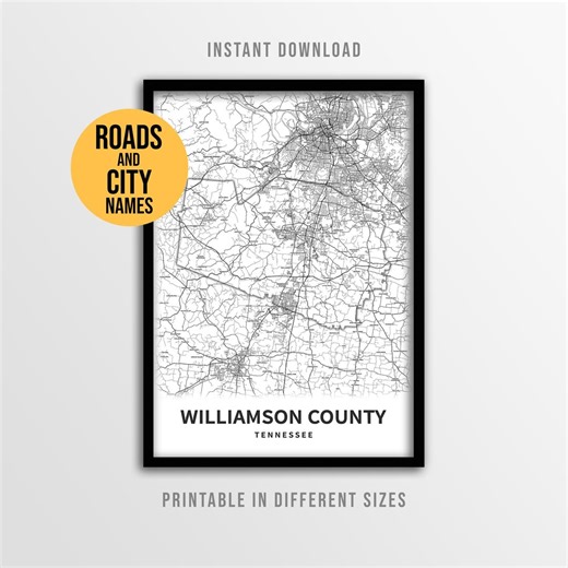 Williamson County Map Poster, Printable Tennessee Road Map With City Names (instant Download) - Etsy