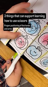 Snip, snip, hooray! ✂️✨ We’re teaching young hands the art of cutting through clear visuals and verbal guidance! Let’s master scissor skills together! 🎉 Highlighted lines indicate where to cut, smiley faces on thumbs show proper hand and arm positioning, and spring-loaded scissors assist in reopening after a cut. #occupationaltherapist #moms #teachers #scissors #multisensorylearning #kids #occupationaltherapy #finemotoractivity #preschool #creativelearning | The OT Corner with Mrs. K