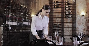 Waitress setting a table in a restaurant