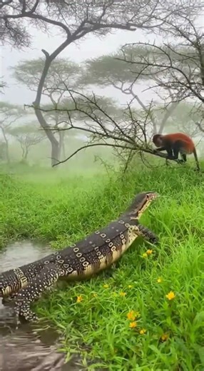 Nile Monitor vs Red Colobus on the a spring-fed grassy glade beside an acacia grove