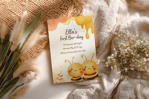 Editable First Bee-day Birthday Invitation Template, Bee First Birthday Invite, Honey Bumble Bee Birthday Party, Printable Instant Download - Etsy