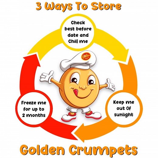Want to keep your crumpets fresh? Just follow these 3 easy steps. 1) Check best before date and pop your crumpets in the fridge 2) Cover in plastic wrapping and keep them in the freezer for up to two months – once thawed out, make sure you eat them within three days 3) Store them in a cool, dry place like a cupboard or a breadbox. Our crumpets don’t like direct sunlight! | Golden Crumpets