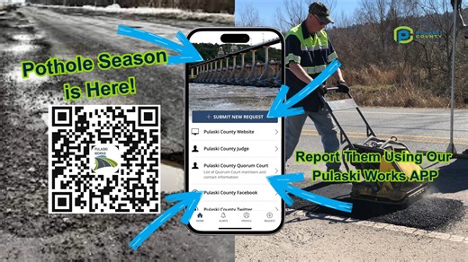 🚧 Help Us Take the Bump Out of Your Drive! 🚧 Potholes love to pop up after winter weather—but we can’t fix them if we don’t know where they are! Help Pulaski County Government keep roads smooth by reporting damaged spots using the Pulaski Works app. 📲 Scan the QR code or click the link to report issues in your area: 👉 https://pulaskicounty.net/pulaski-county-goes-mobile.../ See crews at work? Please slow down, be patient, and pass with care as they make repairs. Together, we’ll fill the hole