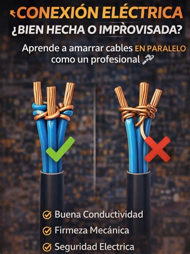 ¿Amarre de cable en paralelo bien hecho o improvisación peligrosa? ⚡🔧 Te muestro cómo realizarlo correctamente para asegurar buena conductividad, firmeza mecánica y seguridad eléctrica en instalación real. Técnica que marca la diferencia 💪 #AmarreDeCable #ConexionElectrica #ElectricidadIndustrial #InstalacionElectrica #TecnicoElectrico #SeguridadElectrica #MantenimientoIndustrial #BuenasPracticas #AprendeElectricidad #FormacionTecnica #TrabajoProfesional