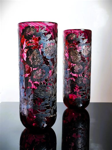 Laugharne Hand-blown Vases - Mottled Cranberry Glass, Silver Floral Overlay, Pair - Etsy