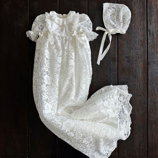 Lace Christening Gown: Bohemian Baptism Dress With Bonnet - Etsy