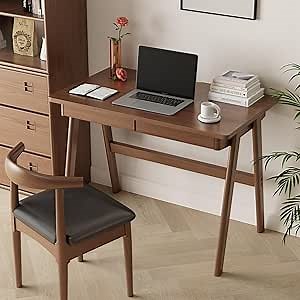 Solid Wood Computer Desk With Drawers - Mid Century Modern Small Desk for Bedroom Home Office, Study Table, Walnut, Simple Student Desk for Small Spaces