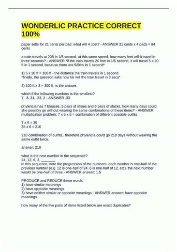 Latest UPDATED Wonderlic test Actual Exam TestCOMPLETE QUESTIONS WITH VERIFIED ANSWERS 100 Accurate