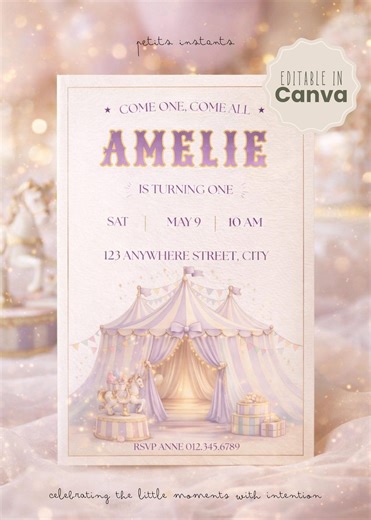 Circus First Birthday Invitation Editable in Canva, Carnival Party 5x7 (instant Download) - Etsy
