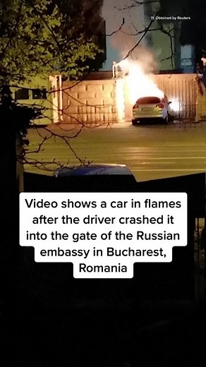 Car Burning After Crash at Russian Embassy Gate in Bucharest