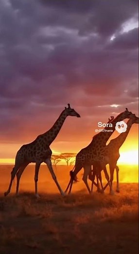Golden Gallop: Giraffe Herd Races Across the Sunset Savanna