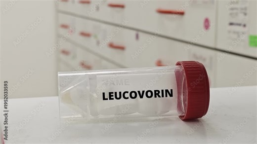 Box of LEUCOVORIN tablets on a hospital pharmacy table used to reduce methotrexate toxicity a folinic acid supplement.