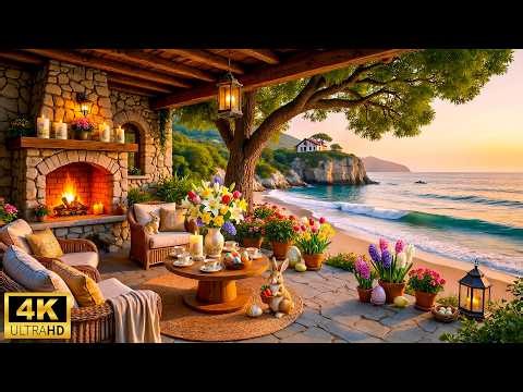 Peaceful Spring Sunset Beach Ambience🌊Cozy Easter Day🐰Relaxing Piano, Ocean Sounds & Warm Fireplace