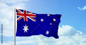 Australia politics and news. Australian national flag on sky background footage