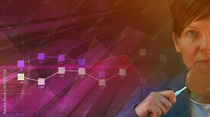 Financial adviser and finance control with infographics, female auditor with magnifying glass and charts and diagrams for statistical data